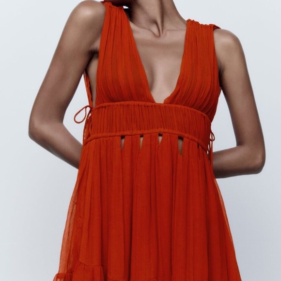 NWT Zara Burnt Orange / Red Tie Mini Dress Medium - Picture 1 of 5